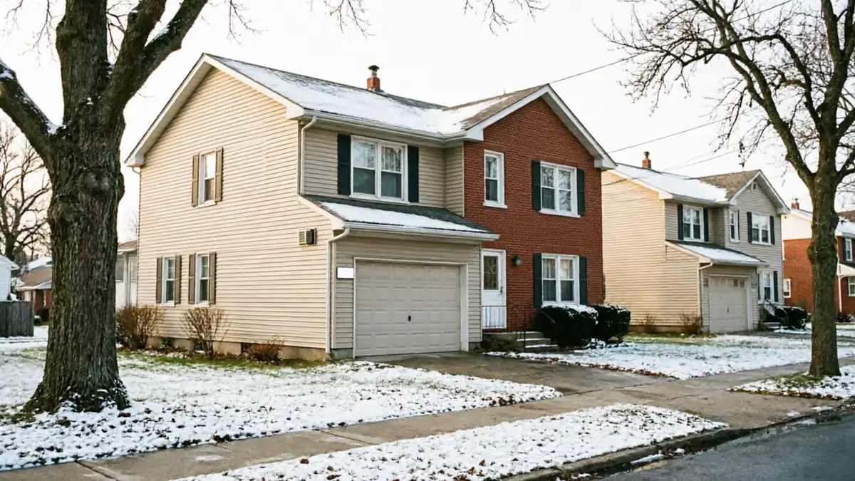A row of houses with snow on the roofs and lawns.