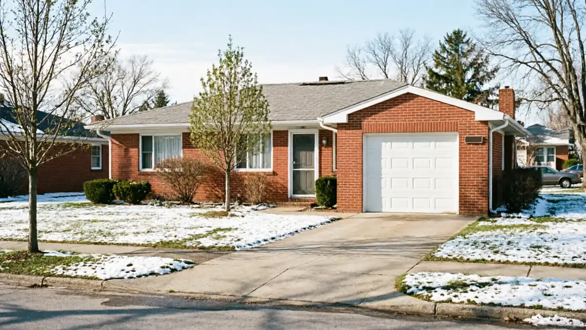 A red brick house with a white garage door and a snowy lawn.