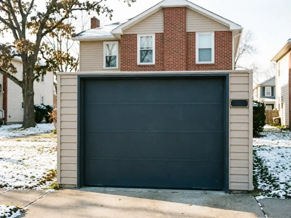 A dark gray garage door on a house with tan siding and brick.