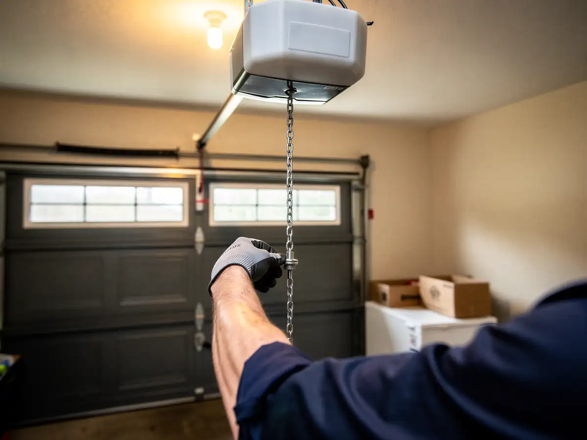A technician's gloved hand pulls the chain on a garage door opener.